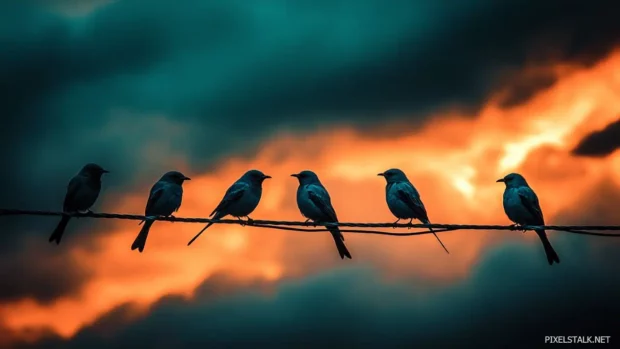 Group bluebirds on a wire under dramatic evening clouds.