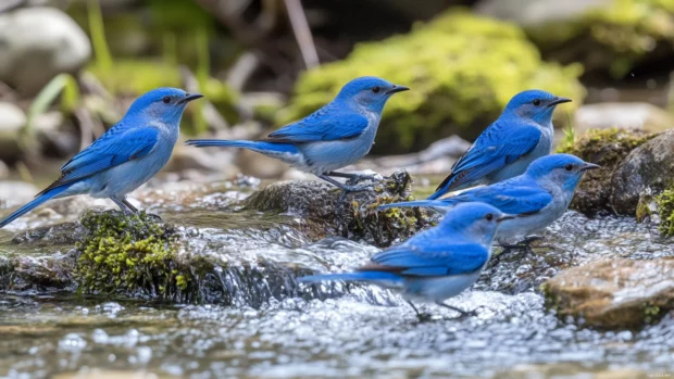 Group of bluebirds bathe in shallow stream, sunlight surrounds.
