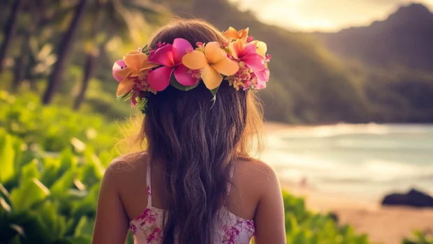 Hawaii beach view with from the back of a lovely girl.