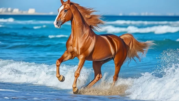 Horse, Arabian, runs on beach, waves hit, tranquil scene, elegance and freedom.