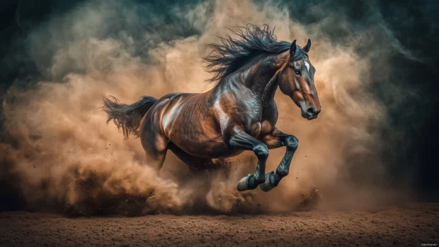 Horse runs, muscles flex, hooves raise dust, power and energy captured.