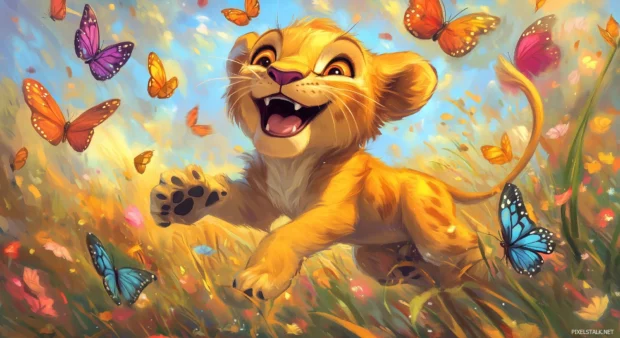 Joyful Simba pursues butterflies across a vivid meadow.