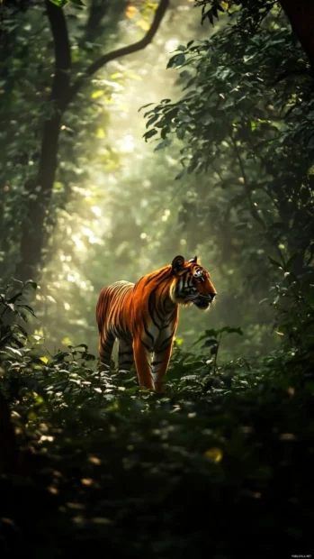 Jungle scene with a golden tiger, sunlight highlighting its presence.