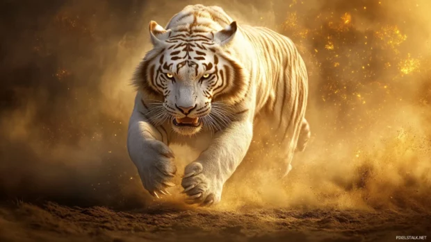 Legendary white tiger in golden mist, claws glow with magic, fierce ethereal feel.