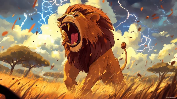 Lightning flashes, illuminating Simba's dramatic stance .