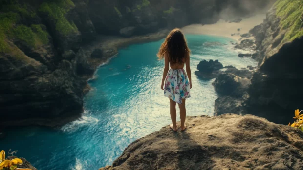 Little girl stands in front of summer Hawaii beach .