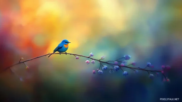 Majestic bluebird perched on a delicate branch, soft morning light filtering through, vibrant colors.