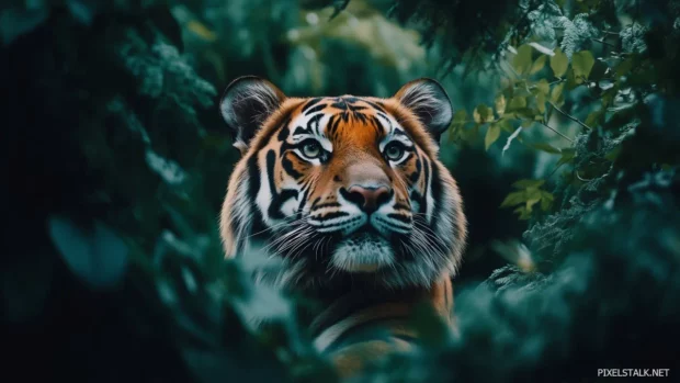 Majestic tiger lies on minimalist white background, sleek silhouette, soft shadows add depth.