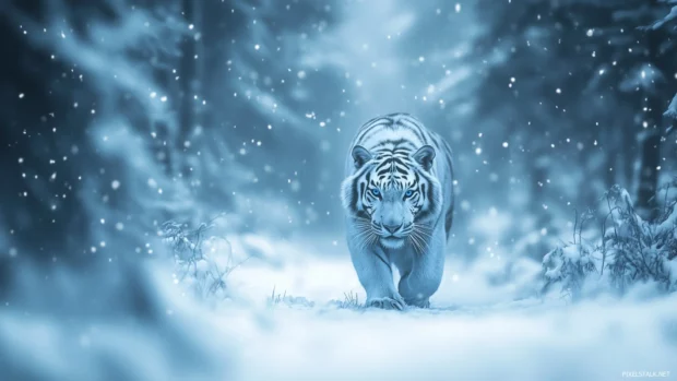 Majestic white tiger strides in snowy forest, snow falls soft, calm winter, blue white hues, eyes sharp.