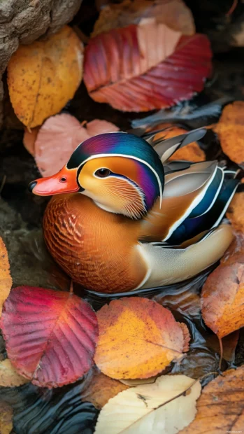 Mandarin duck in vertical stream, autumn leaves.