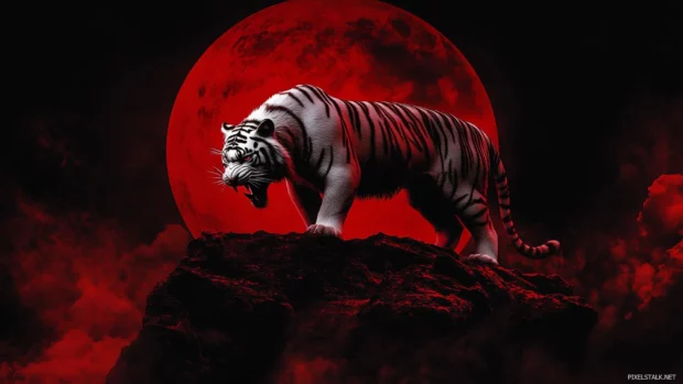 Massive white tiger on rocky cliff, blood red moon lights, snarling at unseen foe.