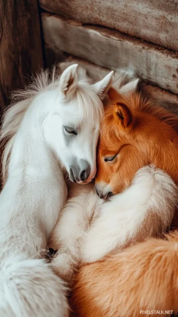Miniature horses huddled together in warm barn light, their soft fur shining.