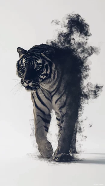 Minimalist black ink tiger with watercolor splatter effect.