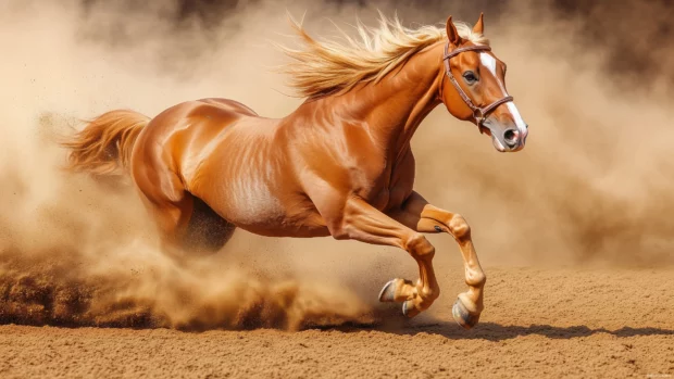 Muscular horse charges, hooves stir dust, strength and vigor in view.