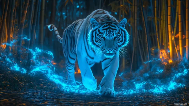 Mystical white tiger walks through glowing bamboo forest, fur shimmers, blue flames flicker around.