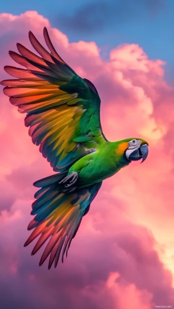 Parrot bird wallpaper captured from below as a parrot flies through pink clouds at sunrise.