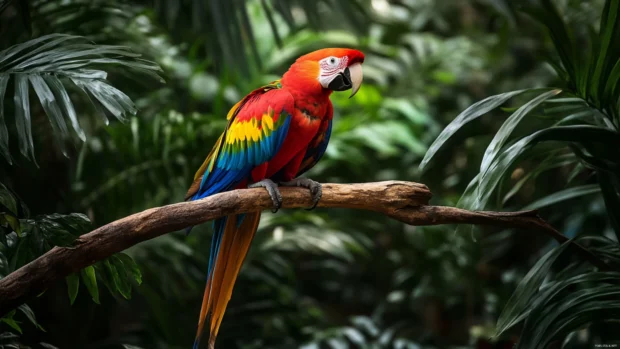 Parrot bird wallpaper featuring a vibrant scarlet macaw perched on a tropical branch surrounded by lush greenery.