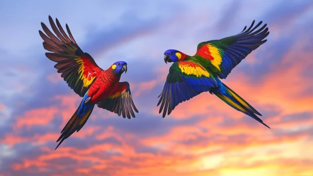 Parrot desktop wallpaper showing two rainbow lorikeets mid flight against a sunset sky.