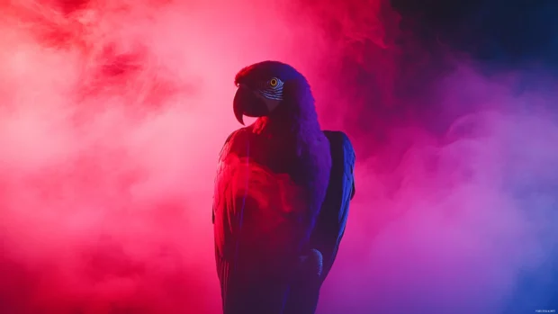 Parrot desktop wallpaper with a cyberpunk style parrot glowing in neon lights and futuristic smoke.