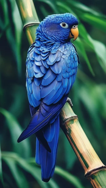Parrot iPhone wallpaper with a vertical capture of a blue parrot perched on a bamboo stem.