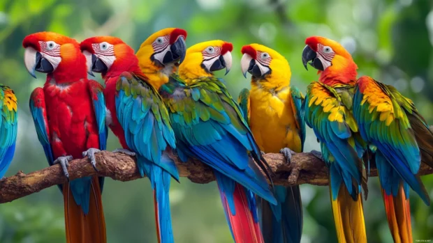 Parrot wallpaper  capturing a group of macaws gathered on a tree branch, vibrant feathers overlapping in harmony.