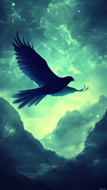 Parrot wallpaper for iPhone, showing a neon inspired parrot silhouette flying over glowing mountains.
