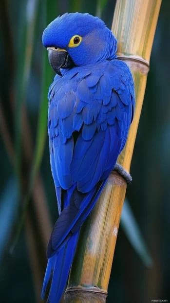 Parrot  wallpaper with a vertical capture of a blue parrot perched on a bamboo stem.