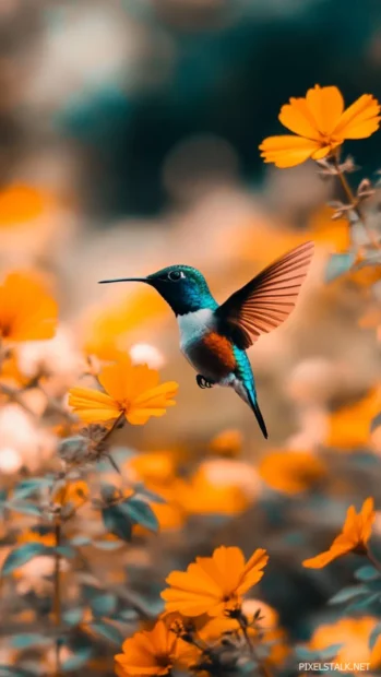 Phone bird wallpaper, hummingbird in flight, colorful wings blur, gentle bokeh backdrop.