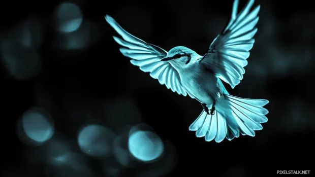 Presenting a glowing cyan bird captured mid flight with wings outstretched.