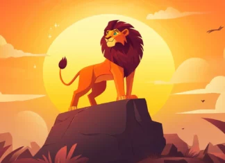 Proud Simba on Pride Rock, bathed in the light of dusk.