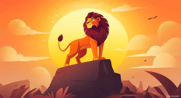 Proud Simba on Pride Rock, bathed in the light of dusk.