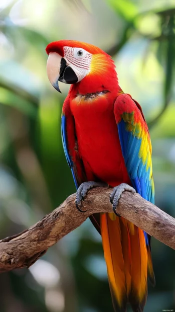 Scarlet macaw atop branch, jungle leaves fade in background.