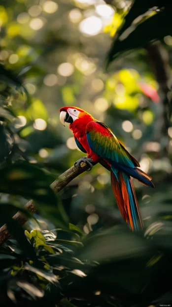 Scarlet macaw on vertical branch, jungle leaves blurred in background.