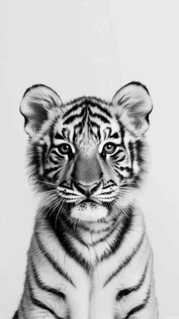 Sharp, symmetrical tiger portrait on a minimal gray gradient background.