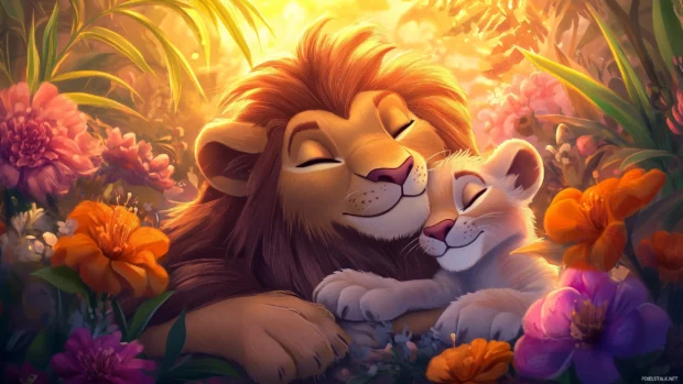 Simba cuddles with Rafiki amid bright flowers and gentle sunlight.