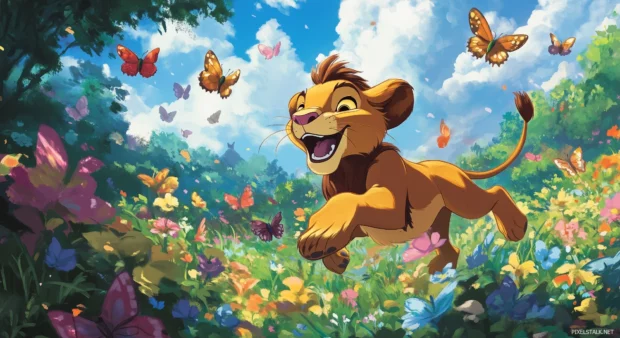 Simba gleefully chases butterflies in a bright meadow.