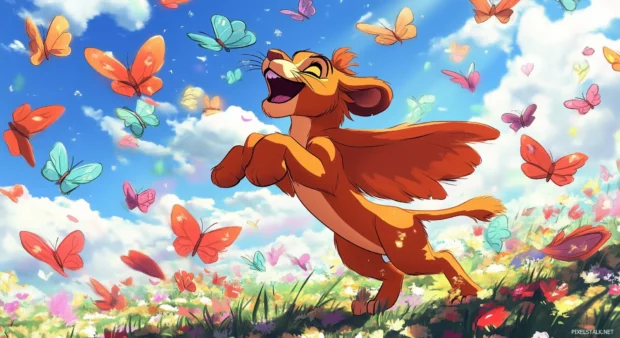 Simba plays, chasing butterflies in a lively meadow.