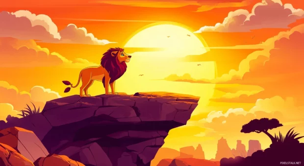 Simba poised heroically atop Pride Rock, with a glowing sunset.