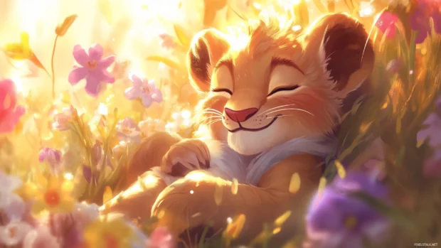 Simba resting with Rafiki, wrapped in vibrant flowers and warm light.