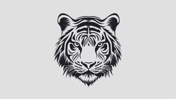 Stylized tribal tiger head, black and white, symmetrical lines, intricate patterns fill face, bold outlines on gray background.