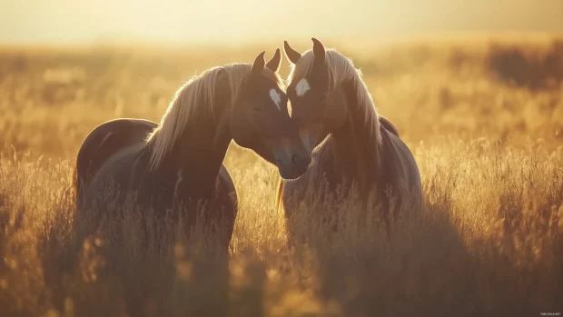 Sunlit field with two horses playfully bonding in warm tones.