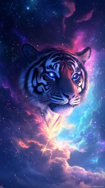 Surreal tiger head with galaxy effects, vibrant blue, purple, and pink hues.