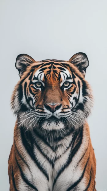 Symmetrical tiger portrait with a clean design and gray gradient background.