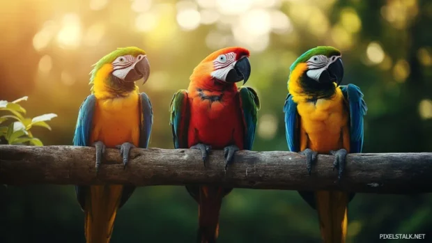 Three colorful parrots resting on an old wooden perch, surrounded by green vines and golden light filtering through.