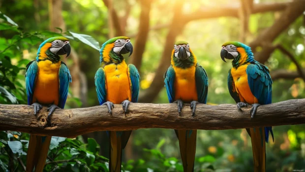 Three colorful parrots resting on an old wooden perch, surrounded by green vines and golden light filtering through.