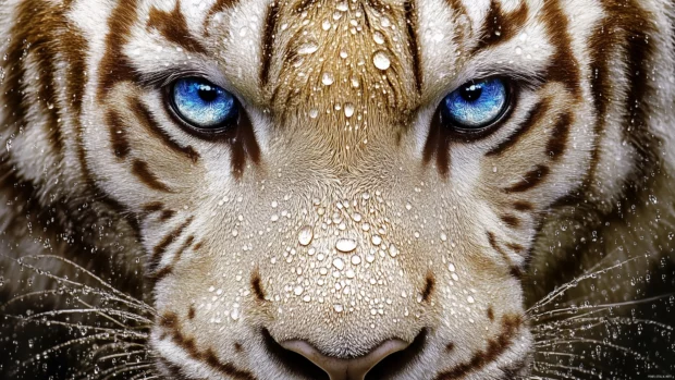 Tiger Wallpaper 4K with a close up portrait of a white tigers face with water droplets on its fur, intense gaze with glowing blue eyes.