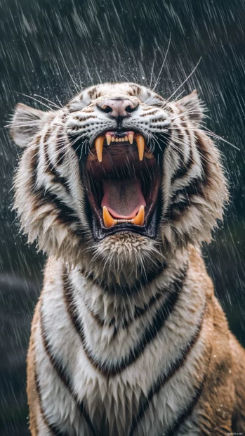 Tiger Wallpaper 4K with a fierce white tiger mid roar under a stormy sky.