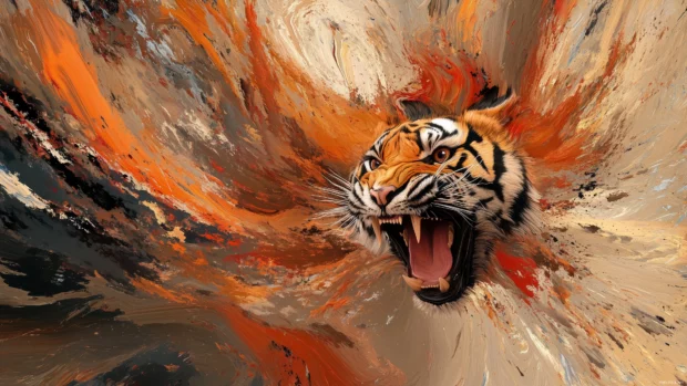 Tiger Wallpaper 4K with a roaring tiger emerging from a swirl of colorful paint splashes.