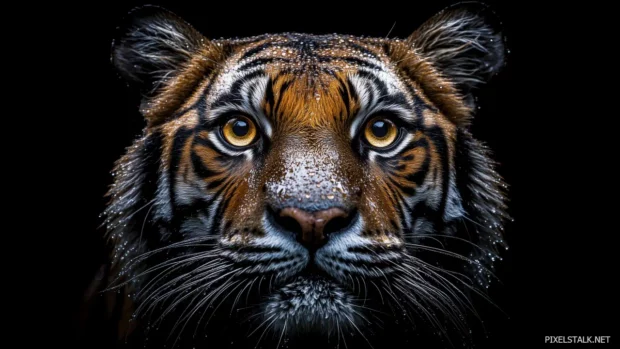 Tiger face near, golden eyes pierce, plain dark background, bold eye focus.