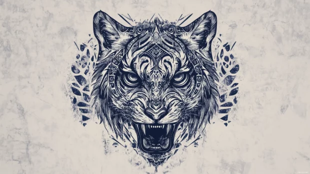 Tiger head, tribal style, black and white, even lines, face with complex patterns, sharp outlines on gray.